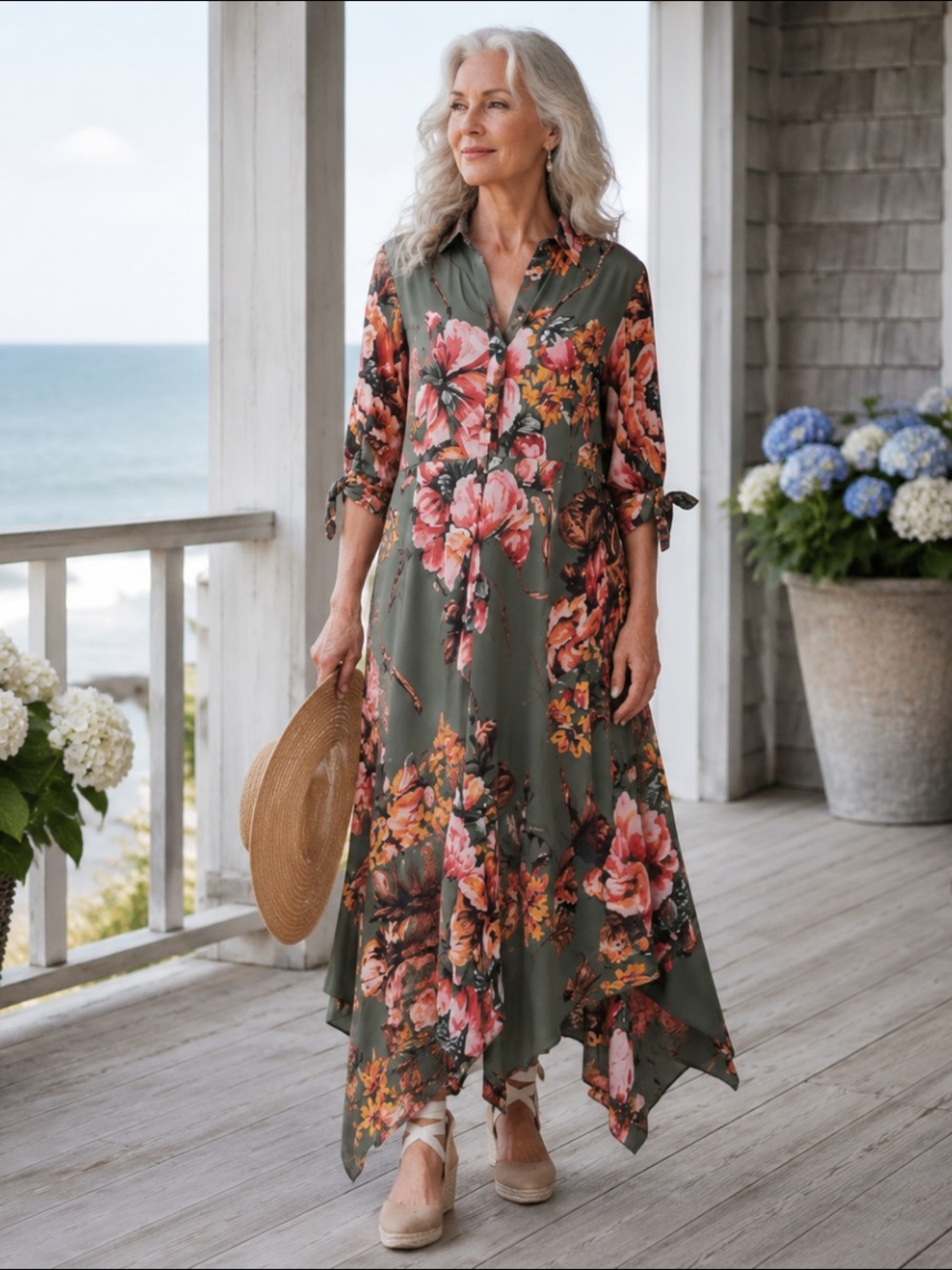Soft Surroundings Provencia Floral Handkerchief Hem Maxi Dress L NWT